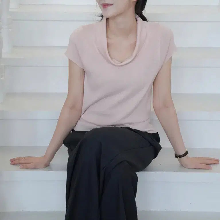 [BUNJANG] Nouarté Breeze Cowl Short Sleeve Knit Top - Veil Pink / 누아르테 핑크 브리즈 카울 반팔 니트