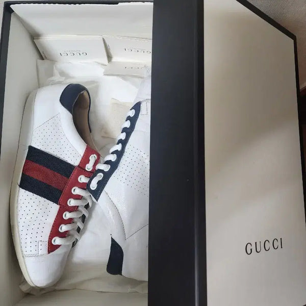 [BUNJANG] Gucci Web Stripe Sneakers White Leather / >>상태양호<<  구찌 웹 스니커즈 260(255) 화이트 팝니다