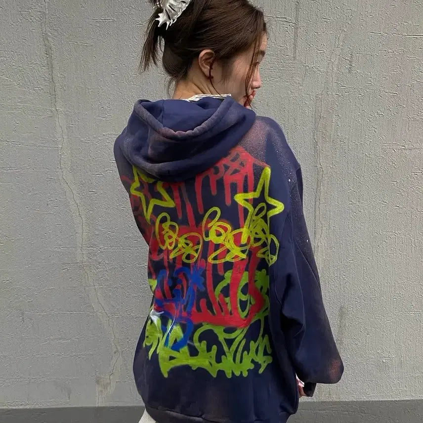 [BUNJANG] Sankuanz Bleached Two Rabbits Graffiti Print Hoodie / 산쿠안즈 블리치드 투 래빗 그라피티 프린트 후디