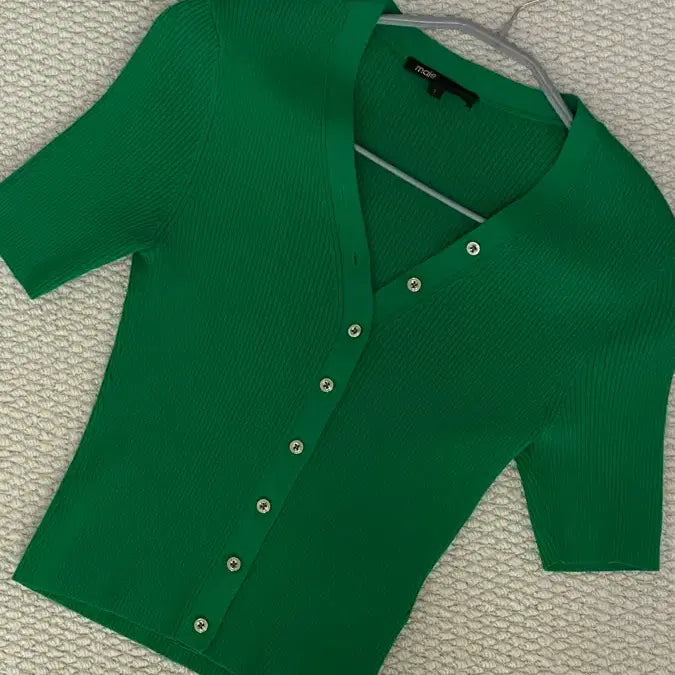 [BUNJANG] Maje Ribbed Short-Sleeve V-Neck Cardigan / Maje 마쥬 골지 반팔 니트 v넥 가디건