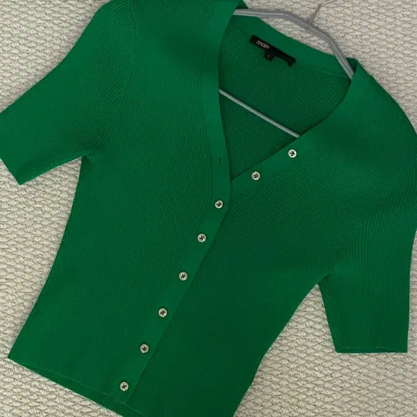 [BUNJANG] Maje Ribbed Short-Sleeve V-Neck Cardigan / Maje 마쥬 골지 반팔 니트 v넥 가디건