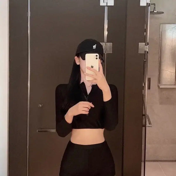[BUNJANG] Simple Crop Half-Zip High-Waist Rash Guard Bikini Swimsuit / 에이블리 지그재그 심플 크롭 반집업 하이웨스트 래쉬가드 비키니 수영복