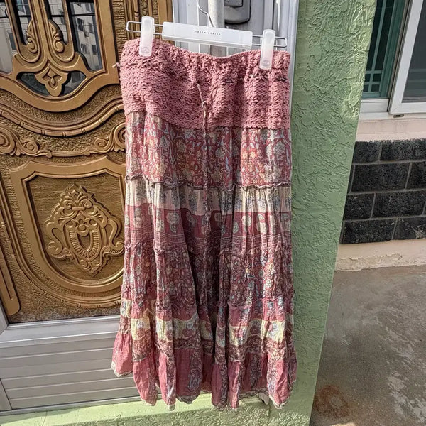 [BUNJANG] Vintage Hippie Ethnic Crochet Pink Long Skirt / 빈티지 히피 에스닉 뜨개 크로셰 핑크 롱스커트