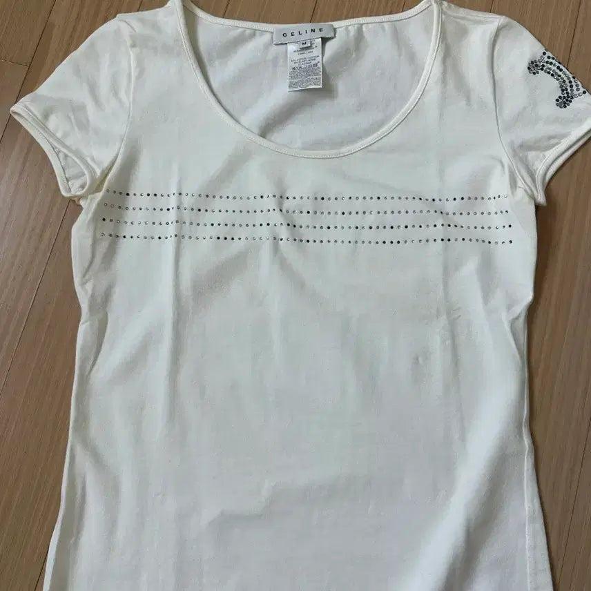 [BUNJANG] Celine White Short Sleeve T-Shirt with Cubic Decoration / 셀린느 반팔 티셔츠 화이트 큐빅 장식