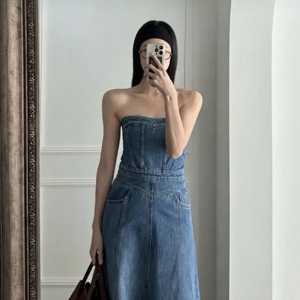 [BUNJANG] Luke Adjustable Strap A-Line Denim Dress / 새상품) 루크 끈조절 가능 데님 A라인 원피스