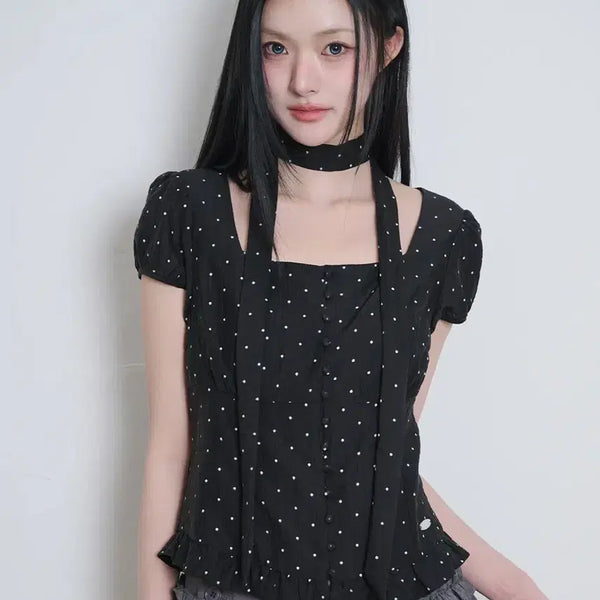 [BUNJANG] Illigo Ribbon Tie Square Neck Blouse Black Dot / 일리고 리본 타이 스퀘어넥 블라우스 블랙 도트