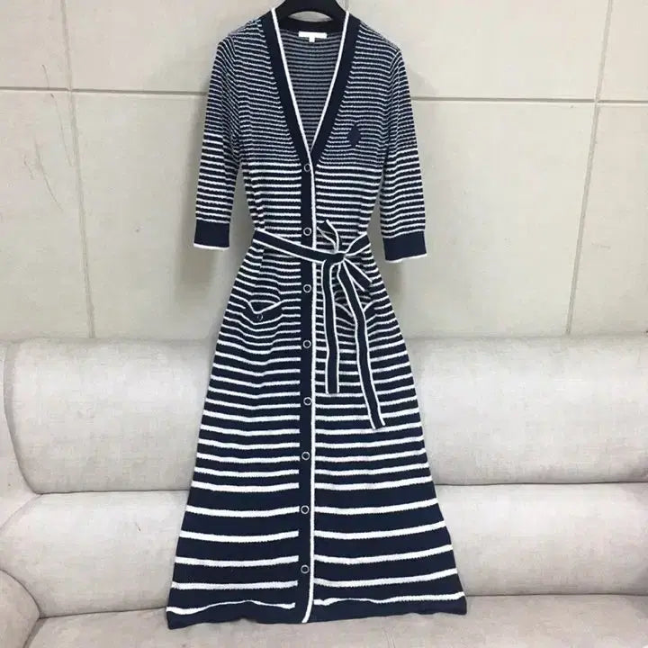 [BUNJANG] Maje Navy Stripe Cotton Long Dress / 마쥬 정품 네이비 스트라이프  코튼 롱원피스 반팔롱가디건