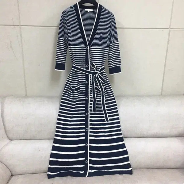 [BUNJANG] Maje Navy Stripe Cotton Long Dress / 마쥬 정품 네이비 스트라이프  코튼 롱원피스 반팔롱가디건