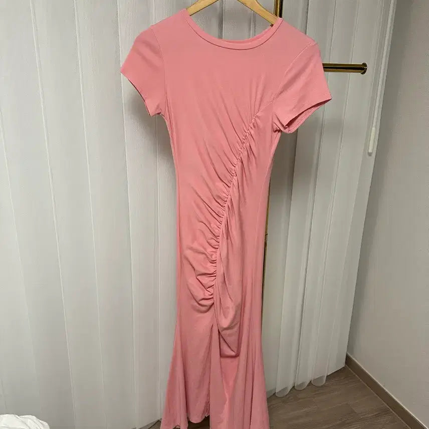 [BUNJANG] Shirring Short Sleeve Dress Pink / 셔링 반팔 원피스 핑크