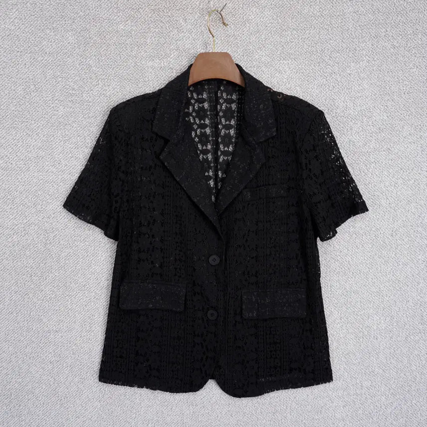 [BUNJANG] Sara Women's High-Quality Sheer Lace Two-Button Short-Sleeve Jacket (Free Size) / Sara 여성 고퀄 시어 레이스 투버튼 반팔 자켓 free