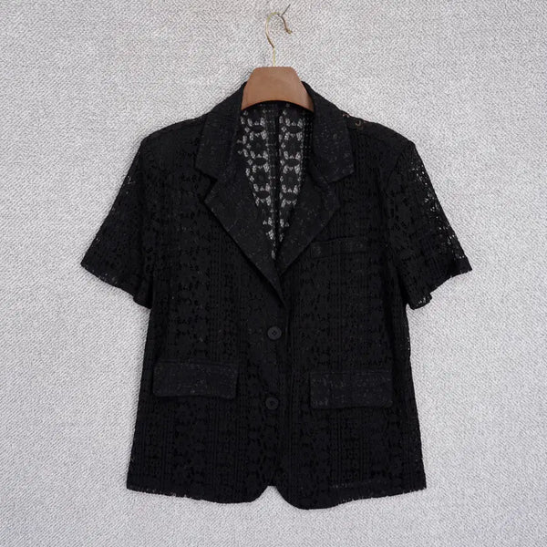 [BUNJANG] Sara Women's High-Quality Sheer Lace Two-Button Short-Sleeve Jacket (Free Size) / Sara 여성 고퀄 시어 레이스 투버튼 반팔 자켓 free