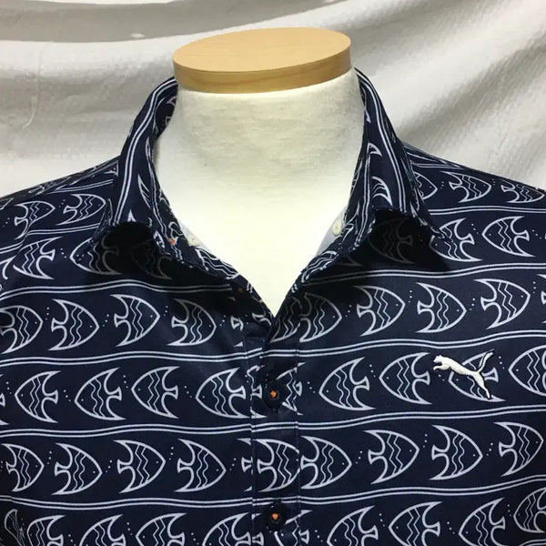 [BUNJANG] Puma Navy Fish Pattern Polo Shirt / 푸마 카라티 셔츠 네이비 물고기 패턴
