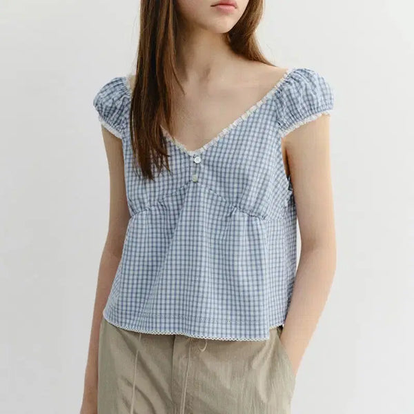 [BUNJANG] Dunst Two-Way Off-Shoulder Check Blouse Blue L / (새상품) 던스트 투웨이 오프숄더 체크 블라우스 블루 L