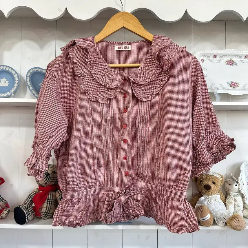 [BUNJANG] Momy's World Red Gingham Check Frill Blouse / 레드 깅엄체크 프릴 블라우스