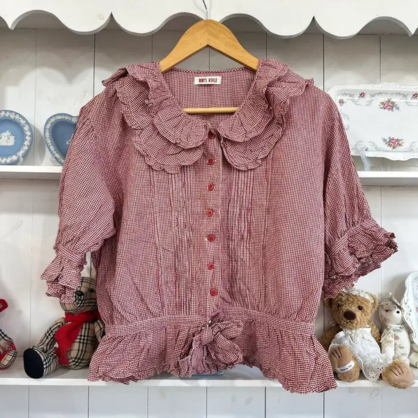 [BUNJANG] Momy's World Red Gingham Check Frill Blouse / 레드 깅엄체크 프릴 블라우스