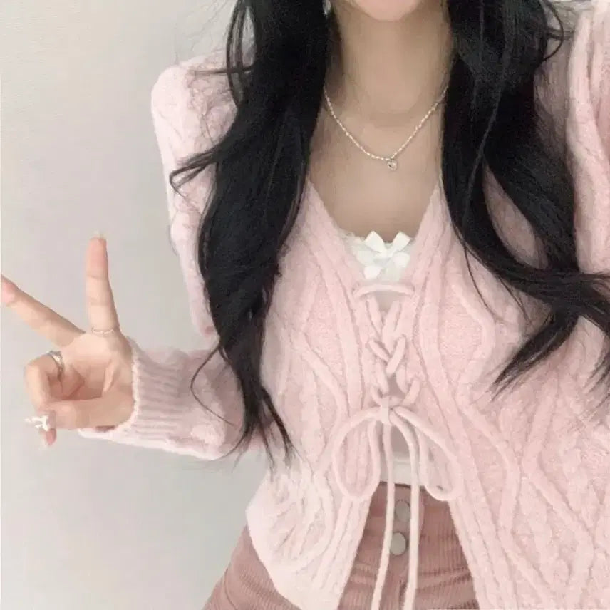 [BUNJANG] MOA Wool Cable Knit Cardigan Pink / <급전> 모아 울 꽈배기 리본 니트 가디건 핑크 판매