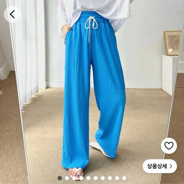 [BUNJANG] Women's Lightweight Cloud Fabric Blue Wide-Leg Pants with Pom-Pom and Elastic Waistband / 여성 시원한 구름 소재 허리 밴딩 폼폼 블루 와이드핏 바지
