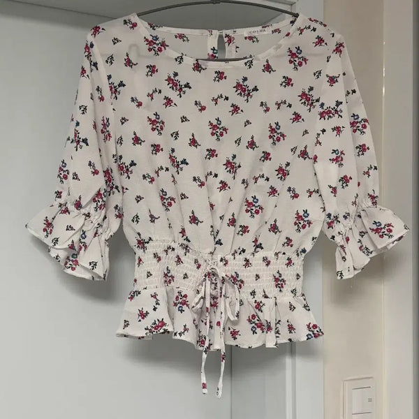 [BUNJANG] Kolza Flower Pattern Frill Corset Shirring Blouse / 콜자 플라워 패턴 프릴 코르셋 셔링 블라우스 의류처분 옷장정리