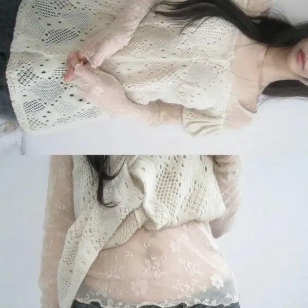 [BUNJANG] Jellena Sheer Lace Tee & Angkko Half-Sleeve Blouse (Inner Included) / 젤레나 여리 앙꼬 반팔 블라우스 (이너 포함)