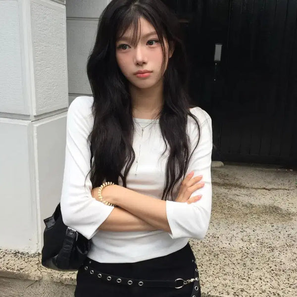 [BUNJANG] Modi Mood Daily 7/10 Sleeve Soft Neck T-Shirt / 모디무드 데일리 7부 여리넥 티셔츠
