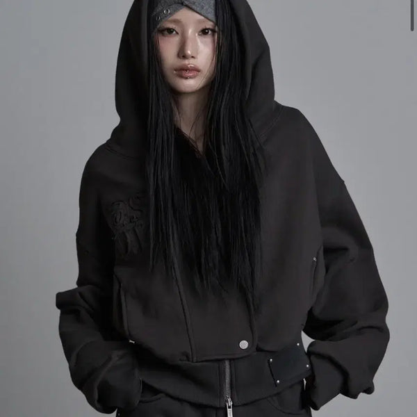 [BUNJANG] As You Are Hide Crop Hoodie Zip-up Charcoal / 애즈유아 하이드 크롭 후드 집업 차콜
