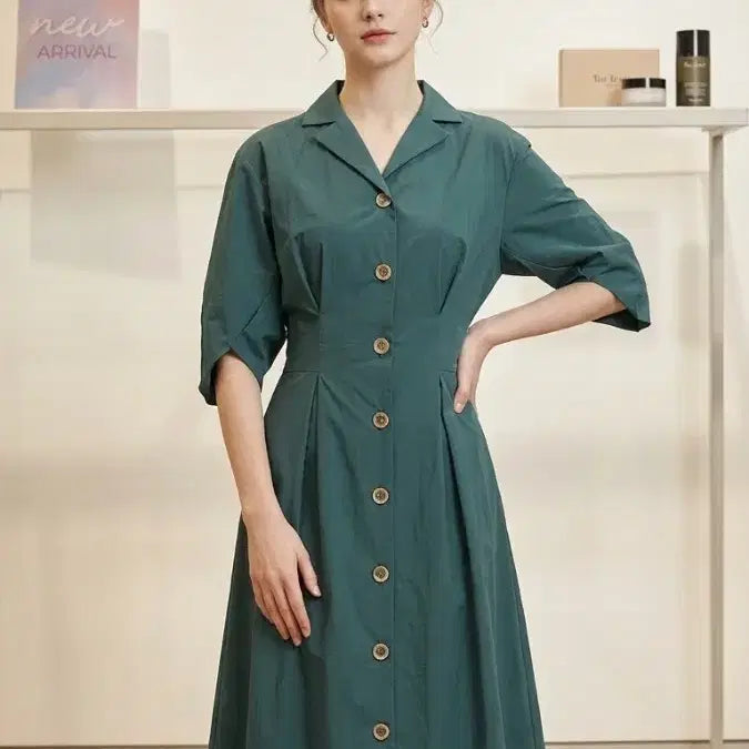 [BUNJANG] THE IZZAT Twisted Sleeve Shirt Flare Dress - Green / (프리/66추천)THE IZZAT 더아이잗 꼬임 소매 셔츠 플레어 원피스