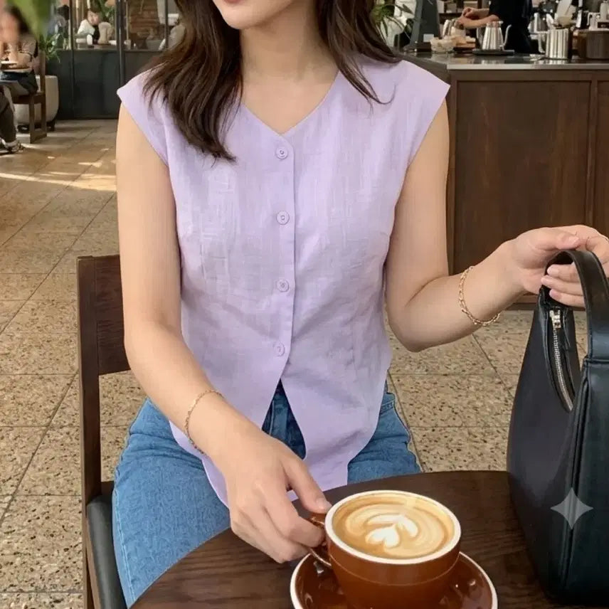 [BUNJANG] Slim Fit Sleeveless Blouse Lavender Cotton Vintage Y2K Vest / 슬림핏 민소매 블라우스 라벤더 면소재 조끼 빈티지옷 y2k 존예옷 베스트