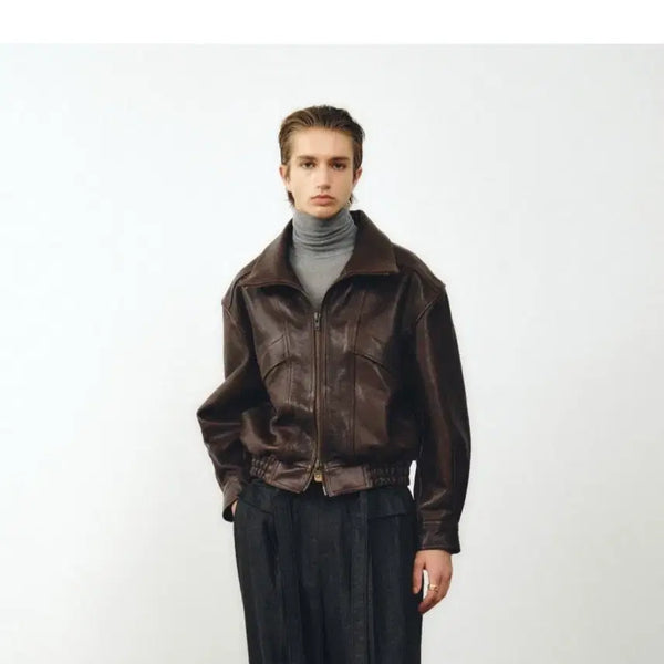 [BUNJANG] Noir Antique Cowhide Highneck Blouson Brown / (50)노이어 앤틱 카우레더 하이넥 블루종 브라운