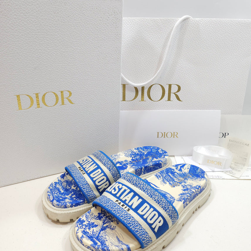 [BUNJANG] Dior Dway Slide Mules Blue Toile de Jouy Women's Slippers / [정품]디올 디웨이 슬라이드 뮬 블루 트왈드주이 여성 슬리퍼