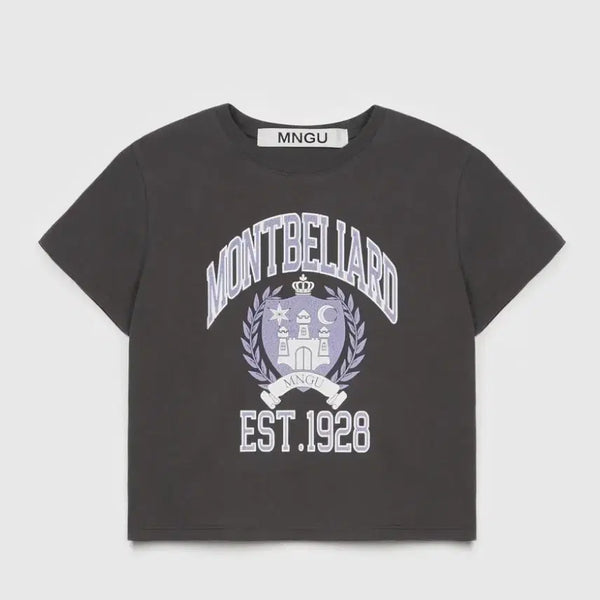 [BUNJANG] Woman Cropped Cracked-Print T-Shirt Charcoal / [WOMAN] 크롭티드 크랙-프린트 티셔츠 IN 챠콜