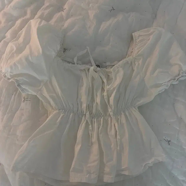 [BUNJANG] White Short Sleeve Blouse with Adjustable Ribbon / 반팔 블라우스