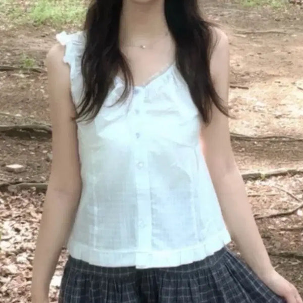 [BUNJANG] Avely Check Frill Sleeveless Two-Way Puff Blouse / 에이블리 이솝 체크 프릴 나시 투웨이 퍼프 블라우스 지그재그