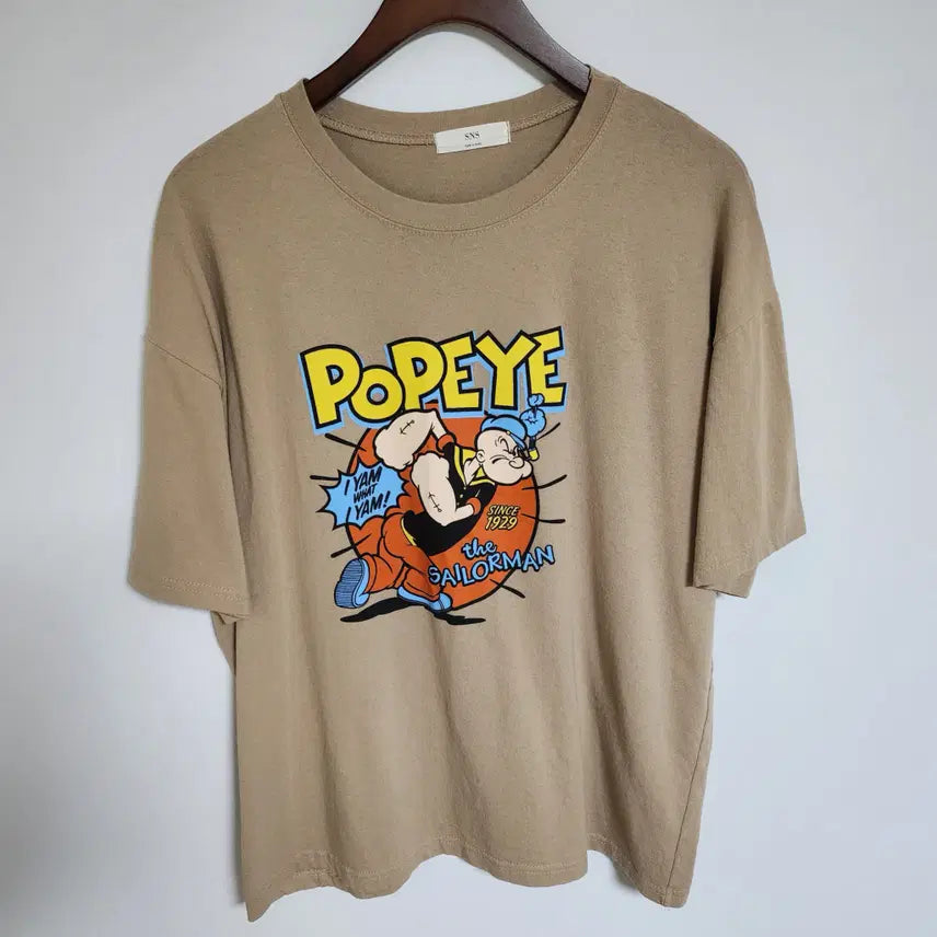 [BUNJANG] Pop Eye Printing Short Sleeve T-Shirt Beige FREE / 뽀빠이 반팔티 프린팅 반팔 티셔츠 베이지 [FREE]