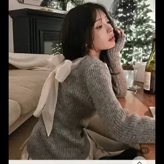 [BUNJANG] Cloud Emotion Back Ribbon Knit Gray / 클라우드이모션 백리본 니트 그레이
