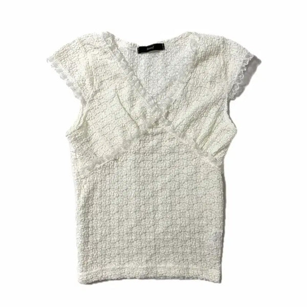 [BUNJANG] Ivory Lace V-Neck T-Shirt / 아이보리 레이스 브이넥 티