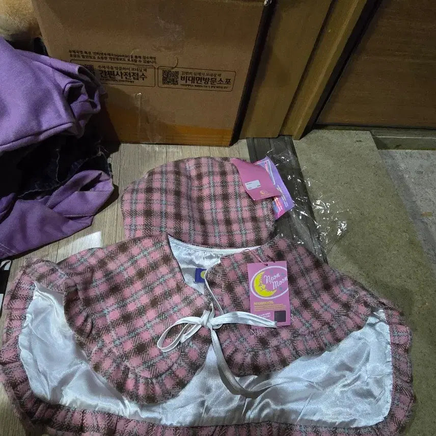 [BUNJANG] Neonmoon Pink Check Ribbon Cape and Beret Set / 네온문 핑크 체크 리본 케이프,베레모 세트  페어리계
