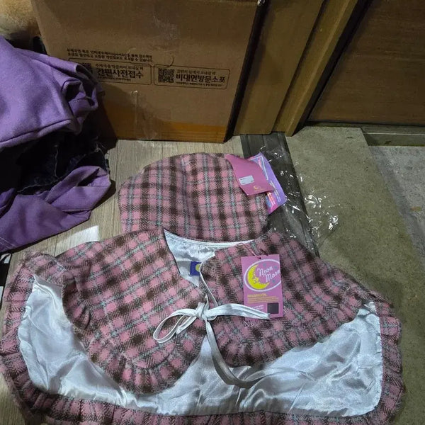 [BUNJANG] Neonmoon Pink Check Ribbon Cape and Beret Set / 네온문 핑크 체크 리본 케이프,베레모 세트  페어리계