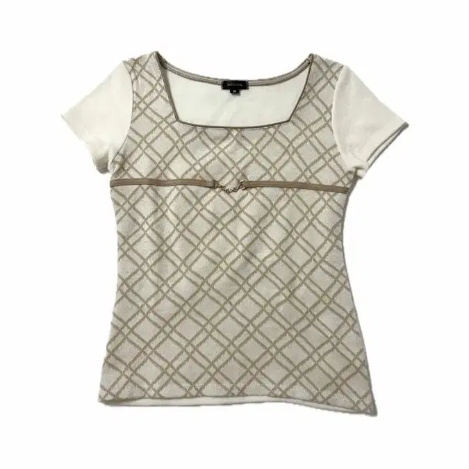 [BUNJANG] Vintage Gyaru Check Cubic Chain Short Sleeve Knit / 빈티지 갸루 체크 큐빅 체인 반팔니트