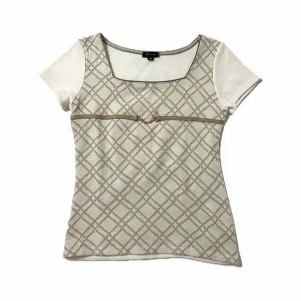[BUNJANG] Vintage Gyaru Check Cubic Chain Short Sleeve Knit / 빈티지 갸루 체크 큐빅 체인 반팔니트