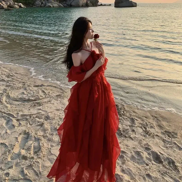 [BUNJANG] Red Chiffon Long Dress / 레드 쉬폰 롱 드레스