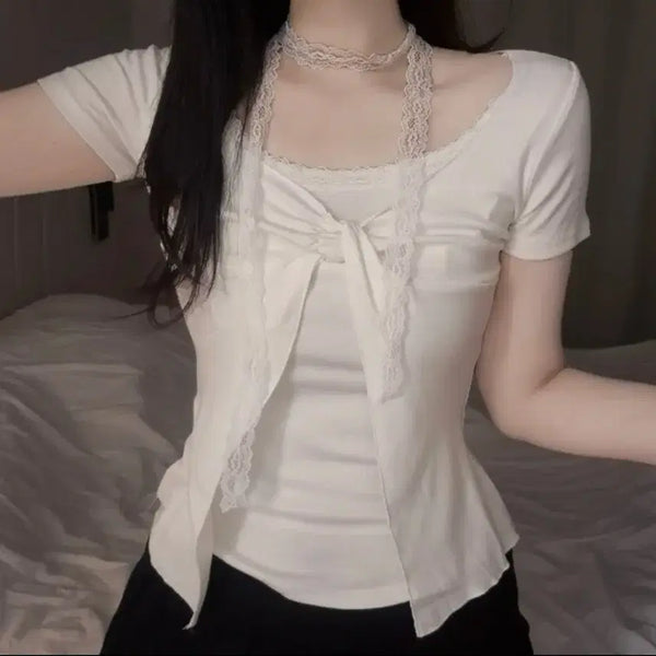 [BUNJANG] Ablie Ribbon Layered Twisted Short Sleeve T-shirt / 에이블리 리본 레이어드 꼬임 반팔 티