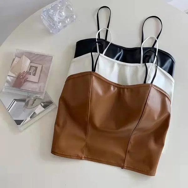[BUNJANG] Faux Leather Sleeveless Tank Top Set (Brown/White/Black) / 인조가죽 나시 탑 브라운/화이트/블랙 3종세트