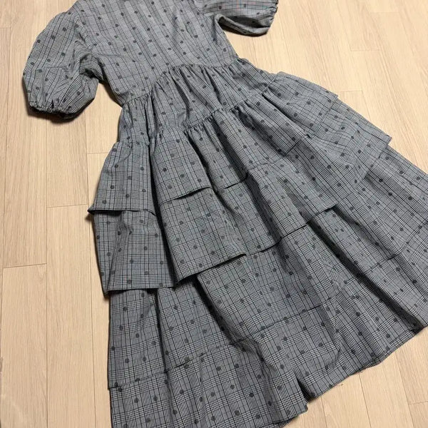 [BUNJANG] 11AM Polka Dot Check Ruffle Maxi Dress / 11AM 도트 체크 캉캉 반팔 롱원피스 맥시 벌룬 퍼프 프릴 위러브