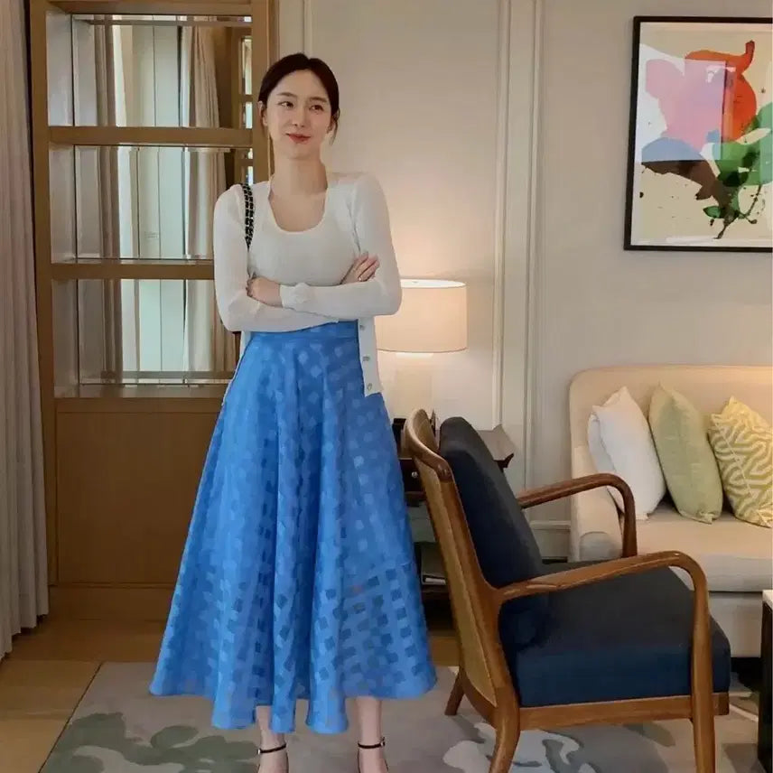 [BUNJANG] PAGeU Organza Check See-Through Long Flare Skirt (Blue) / 페이지유 오간자 체크 시스루 롱스커트 블루하늘색 플레어 햅번 하객룩 치마