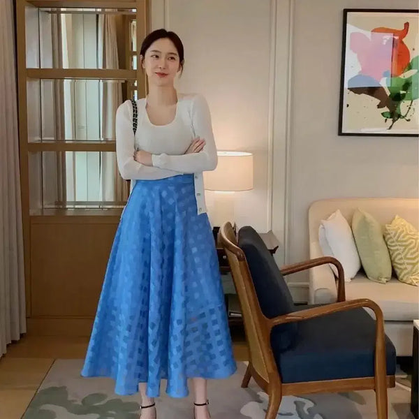 [BUNJANG] PAGeU Organza Check See-Through Long Flare Skirt (Blue) / 페이지유 오간자 체크 시스루 롱스커트 블루하늘색 플레어 햅번 하객룩 치마