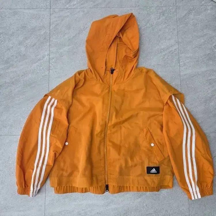 [BUNJANG] Adidas Women's Orange 3-Stripes Hooded Crop Windbreaker L / 아디다스 여성 오렌지 3선 후드 크롭 바람막이 L