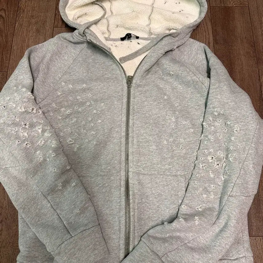 [BUNJANG] IRO Grey Hooded Zip-Up Sweatshirt (Distressed Detail) / IRO 그레이 후드 집업 스웻셔츠 (디스 디테일)