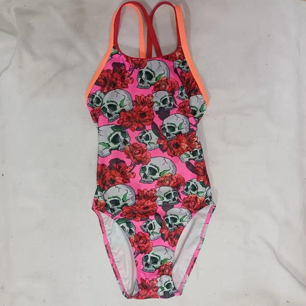 [BUNJANG] HUG Skull Rose Hot Pink Swimsuit S / 후그 스컬 해골 장미 핫핑크 수영복 s