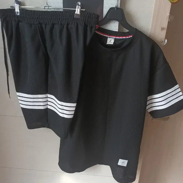 [BUNJANG] Black Three-Stripe Short Sleeve Top and Bottom Set L / 블랙  삼선 반팔 상하의 세트 L 새상품