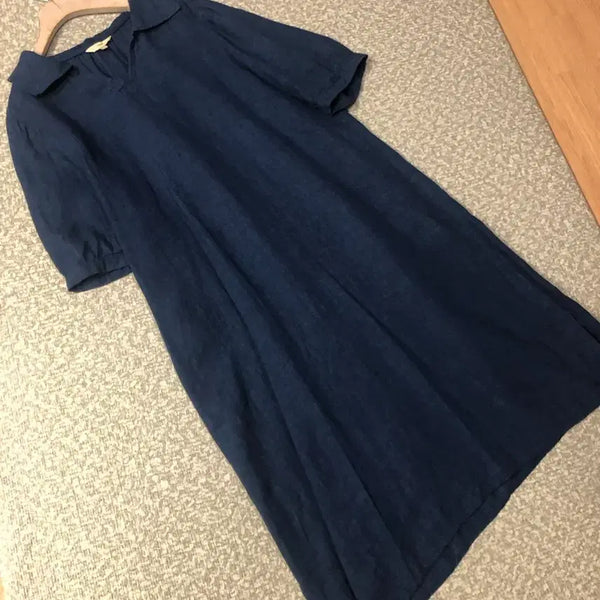 [BUNJANG] J.Plus Linen Open Collar Short Sleeve Balloon Dress Navy Blue / 제평 제이플러스 린넨 오픈카라 반팔 벌룬 원피스 네이비 블루 드레스